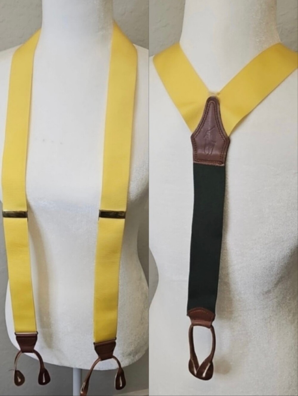 Vintage Polo RL Yellow/Green Grosgrain Y-Back Suspenders Leather Button Ends